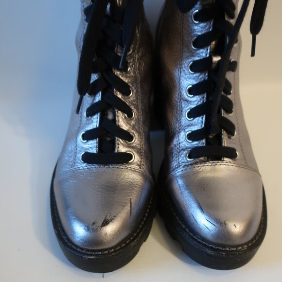 Womens Marc Fisher Waren Silver Leather Lace Up Zip Block Heeled Combat Boots 8 - Picture 5 of 15